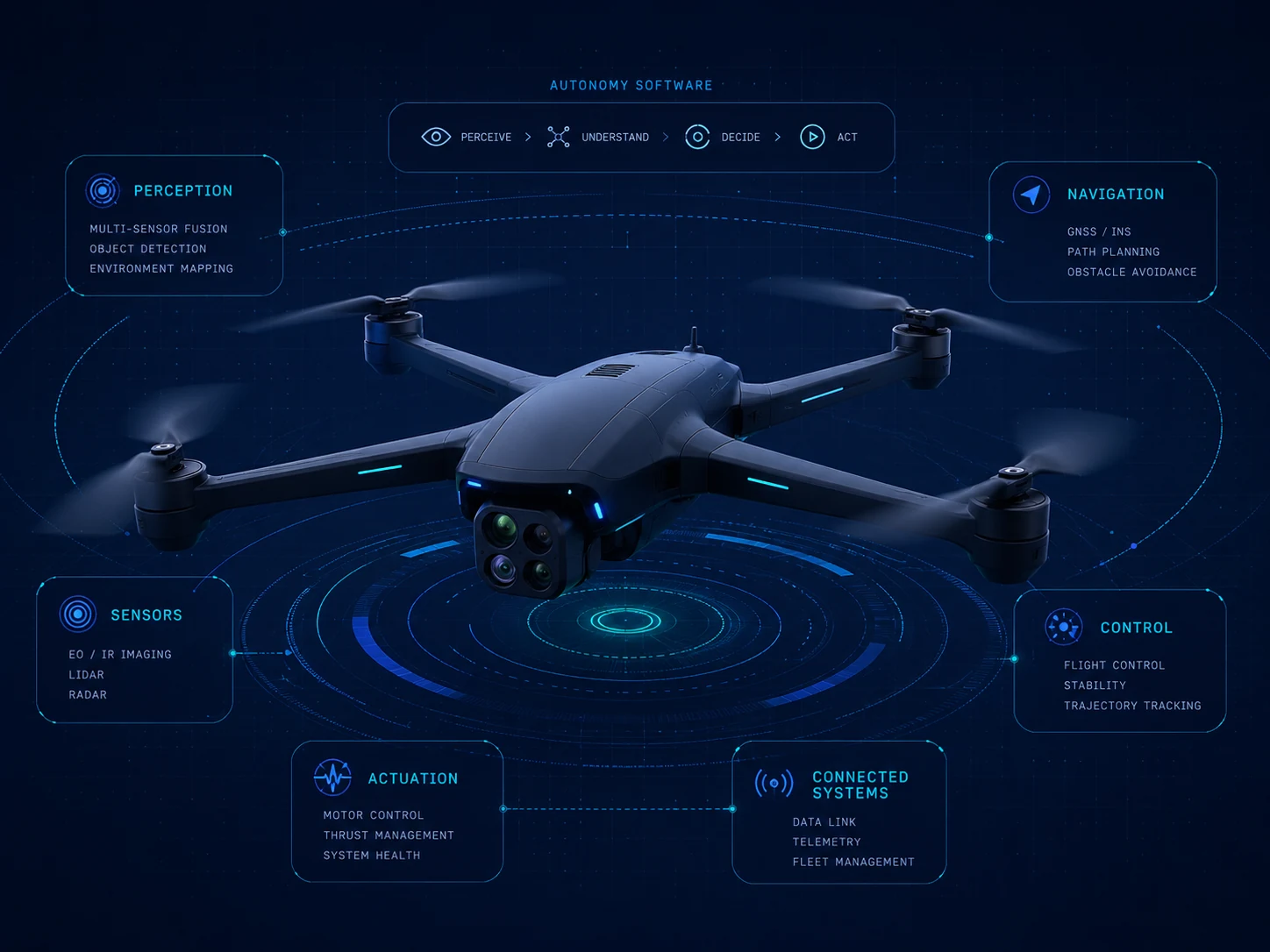 Conceptual autonomous robotics interface showing perception, navigation, sensing, control, actuation and connected systems around an aerial platform